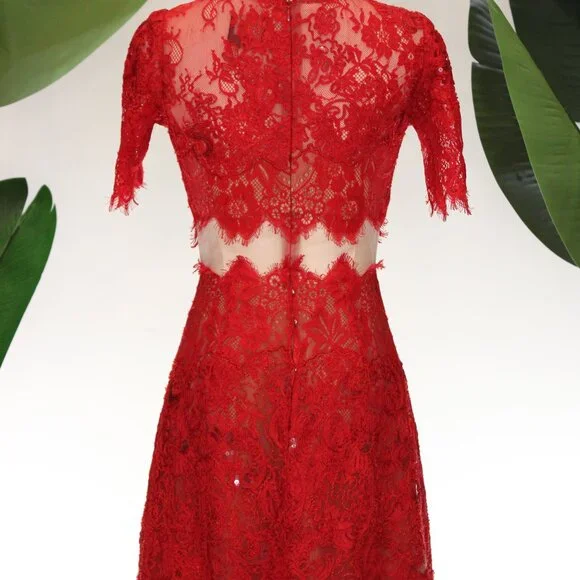Marchessa Notte Red Diane Dress, Red Beaded Lace, Size 0 - Picture 11 of 15